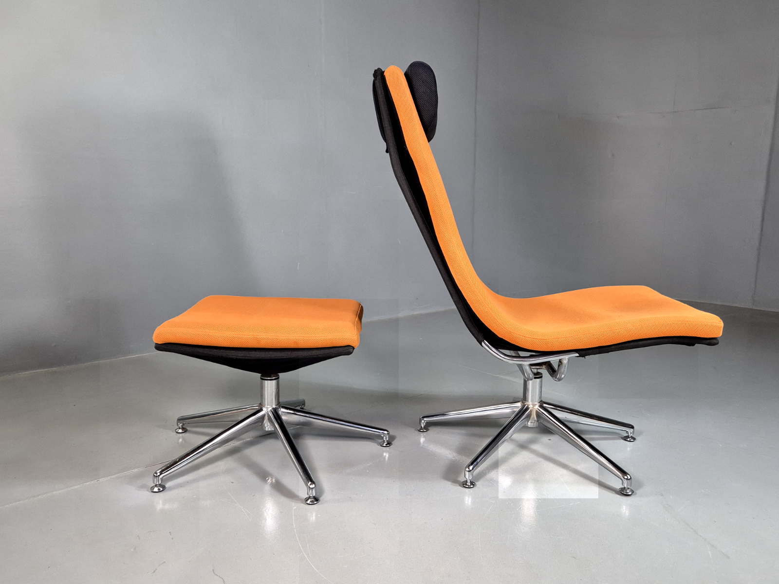 Vintage Danish Swivel Chair and Footstool Orange Chrome Retro 1980s EB7357 MSWI - UKDK FURNITURE