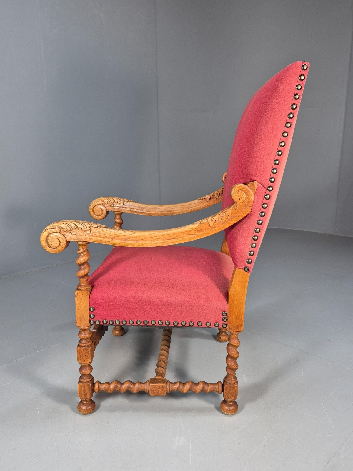 Vintage Danish Baroque Style Armchair in Red Wool and Oak 1950s EB9582 VCAR - UKDK FURNITURE
