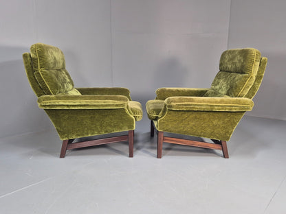 2 Vintage Danish Green Velvet Lounge Chairs 1970s Retro MCM EB9273 MNOR - UKDK FURNITURE
