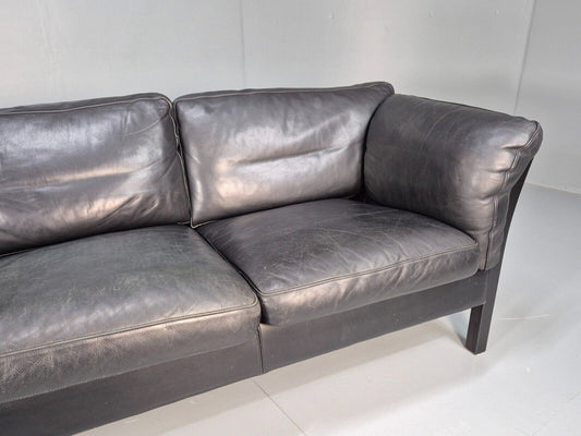 Vintage Danish 3 Seat Sofa Black leather Wood Frame Retro 1980s MCM EB8698 M3SS - UKDK FURNITURE