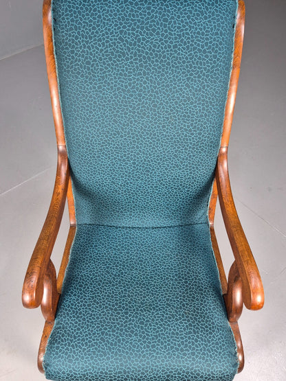 Antique Danish Oak Armchair Blue Pattern Fabric Vintage Design EB9625 VCLO - UKDK FURNITURE