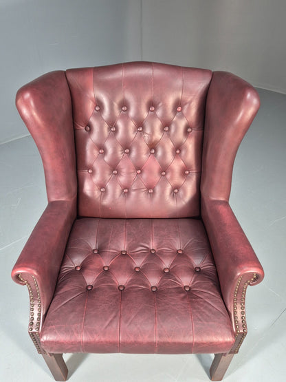 Georgian Style Wing Back Lounge Chair Red Leather Buttoned 1980s  EB10807 VLEA18