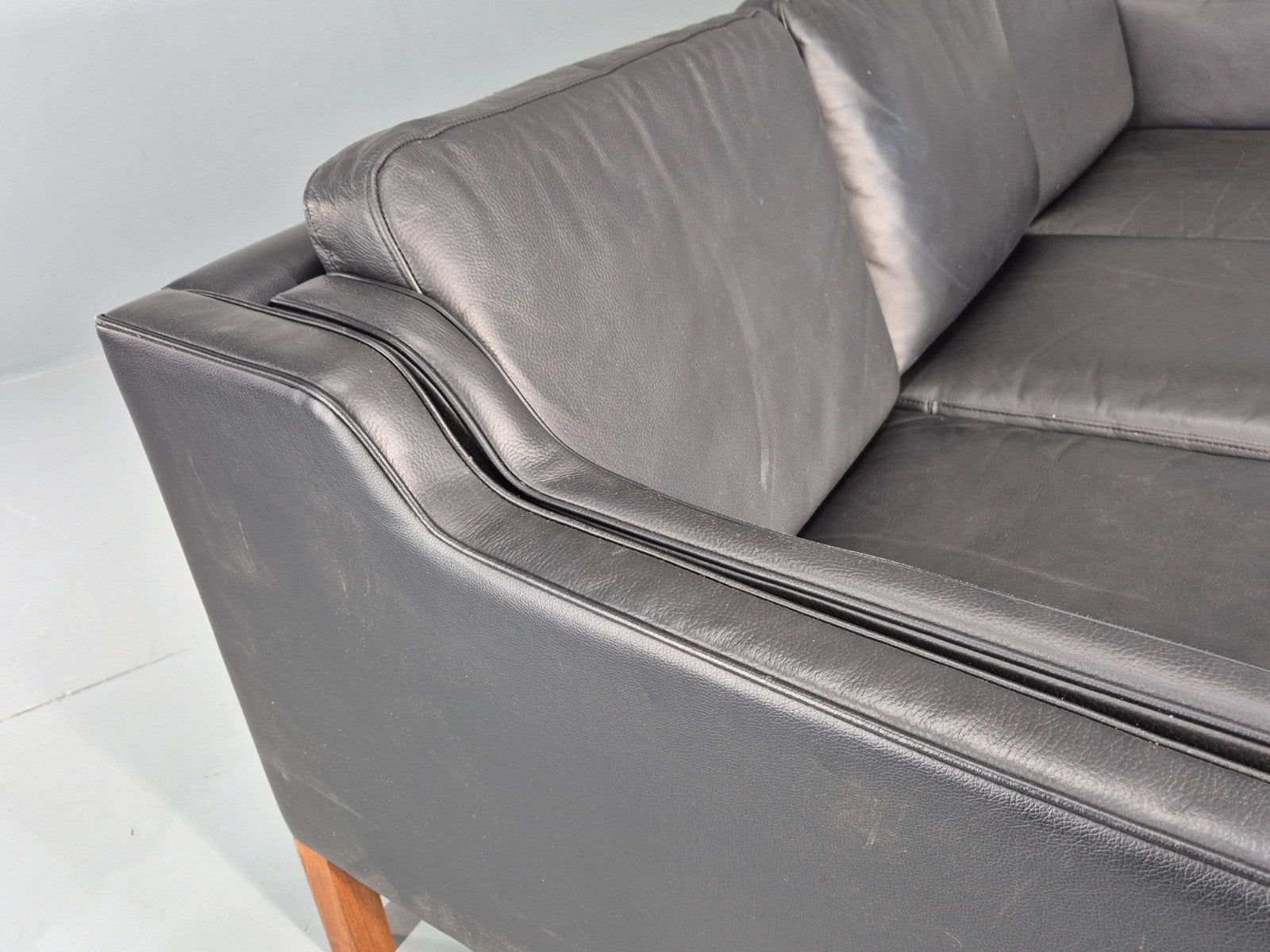 Vintage 3 Seat Sofa Danish Black Leather Vinyl Mid Century 1980s  EB10480 M3SS16