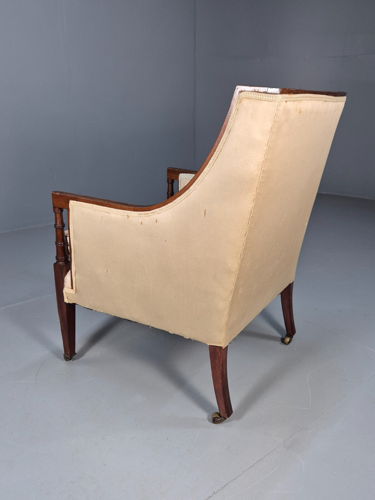 Antique Edwardian Mahogany Armchair Satin Creme Leaf Pattern Fabric EB8446 VCLO - UKDK FURNITURE