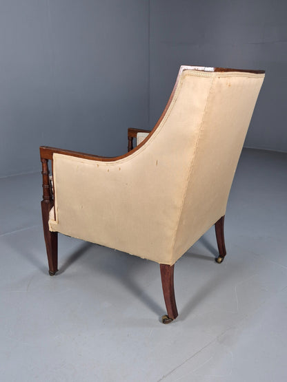 Antique Edwardian Mahogany Armchair Satin Creme Leaf Pattern Fabric EB8446 VCLO - UKDK FURNITURE