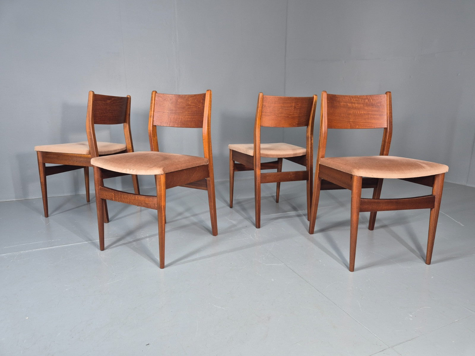 4 Vintage Teak Dining Chairs 1960s Retro Pinky Brown Velour MCM EB11605 MDIN16