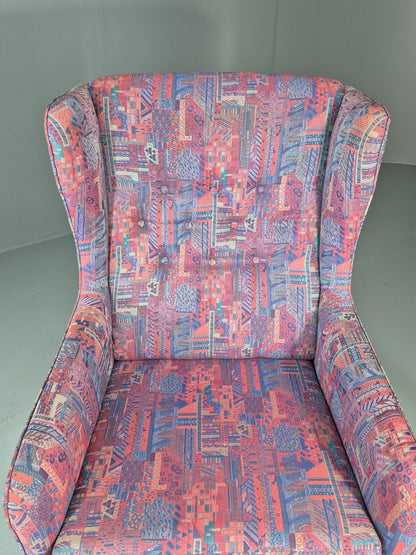 Vintage Danish Wingback Chair 1980s Retro Geometric Cotton Weave EB11291 MNOR13