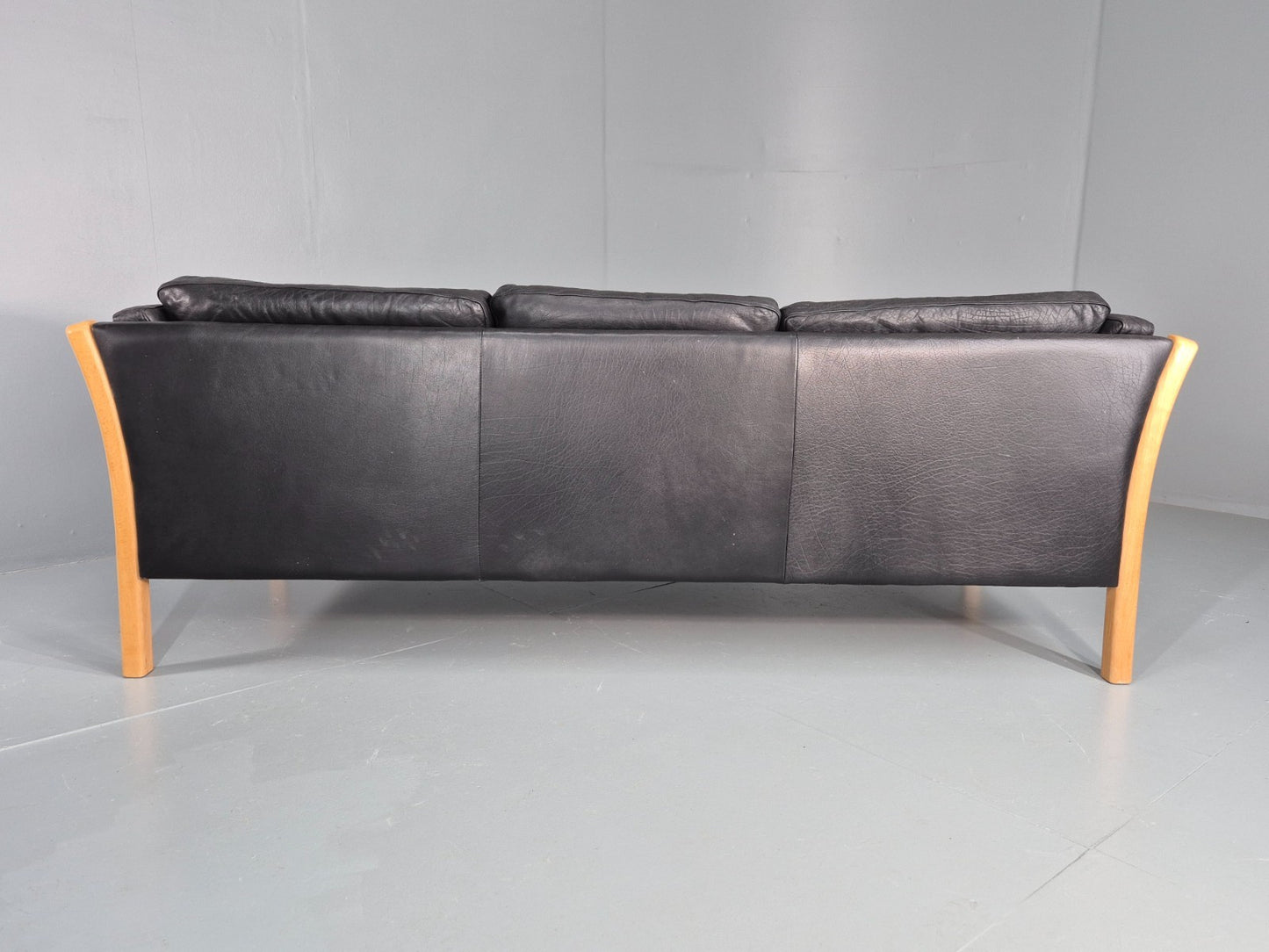 Vintage Stouby 3 Seat Sofa Danish Black Leather Beech End 1980s EB10556 M3SS17