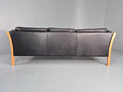 Vintage Stouby 3 Seat Sofa Danish Black Leather Beech End 1980s EB10556 M3SS17