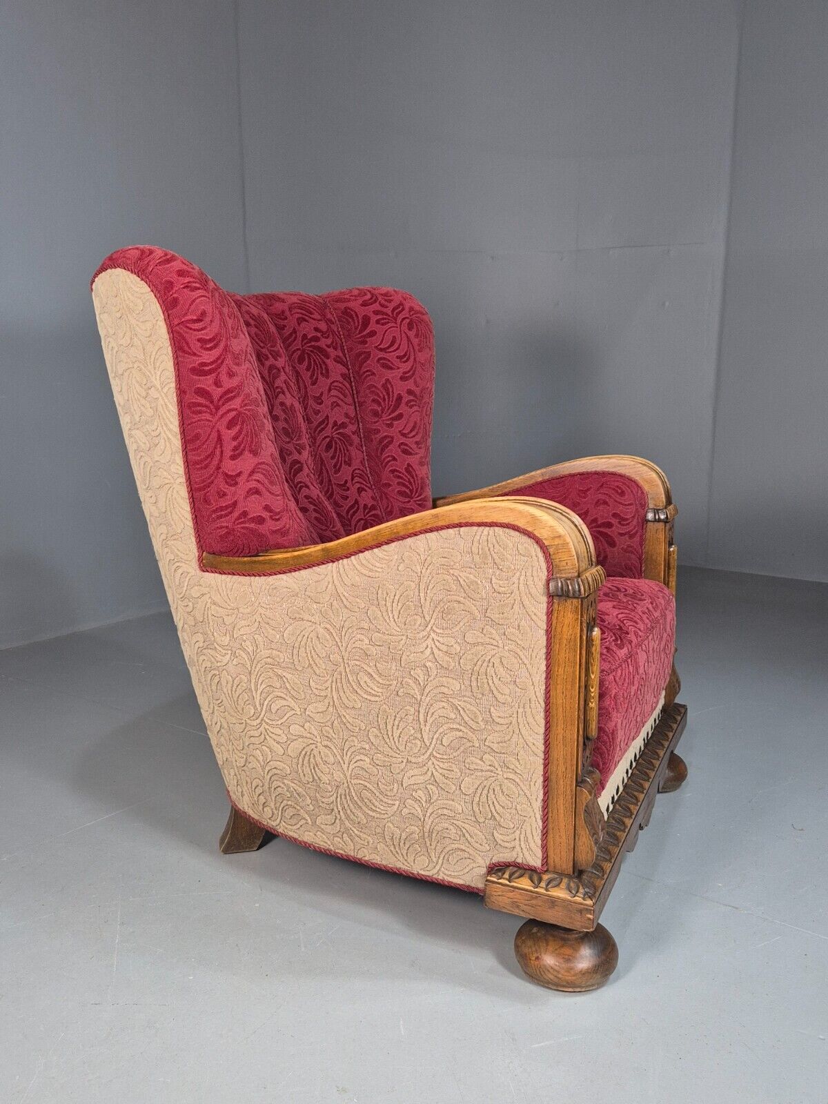 Vintage Danish Lounge Chair Red Moquette Oak Shell Back Antique 1930 EB8280 VCLO - UKDK FURNITURE