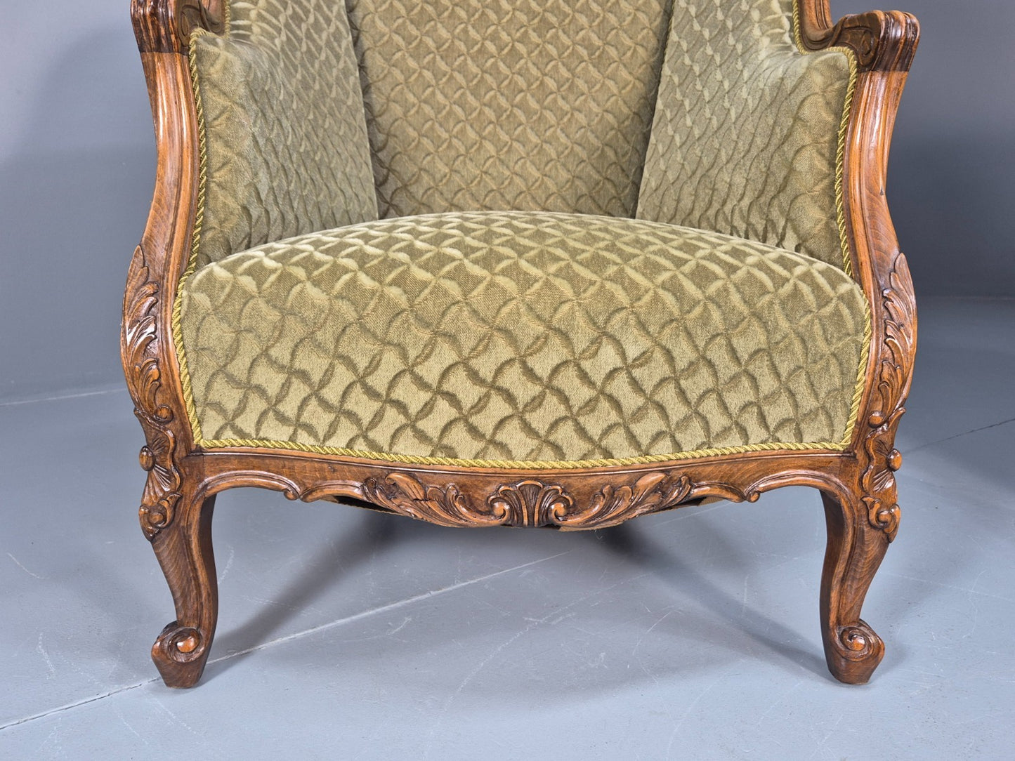 2 Antique Tub Chairs Oak Carved Frame Green Patterned Velvet 1920s EB10741 VCAR15