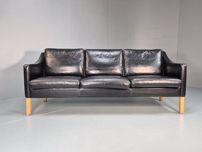 Vintage 3 Seater Leather Sofa Danish Mogensen Style Black 1980s EB10689 M3SS6