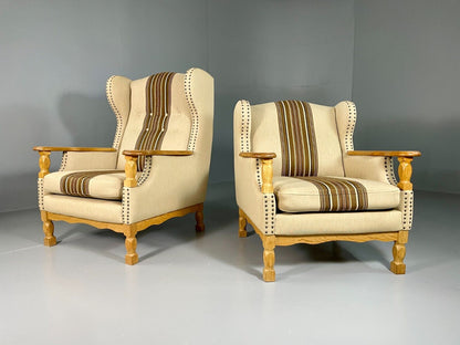 EB6491 Vintage Danish Pair of Armchairs Oak Frame Cream and Brown Fabric VCLO - UKDK FURNITURE