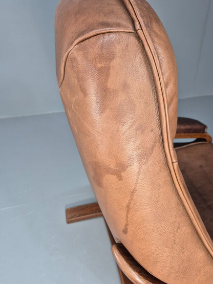 Vintage Danish Lounge Chair Brown Leather Bentwood Reclines Retro EB8783 MBEN - UKDK FURNITURE