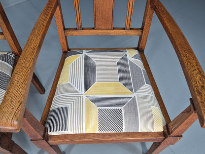 2 Arts and Crafts Elbow Chairs Oak Pierced Splat Ikea Fabric 1920s EB10717 VDIN12