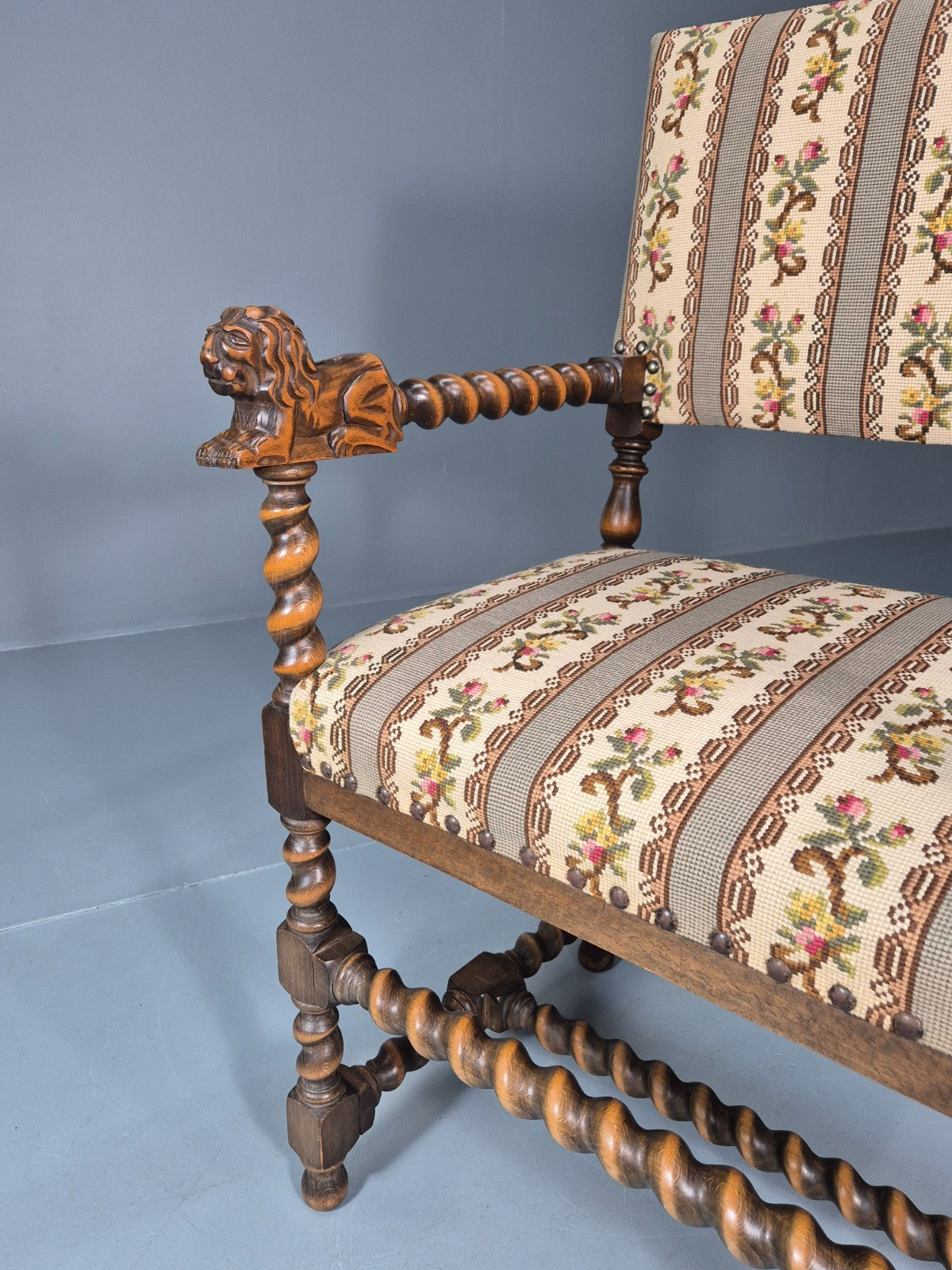 17th Century Style Carved Chair Lions Arms Barley Twist Frame 1960 EB10774 VCAR13