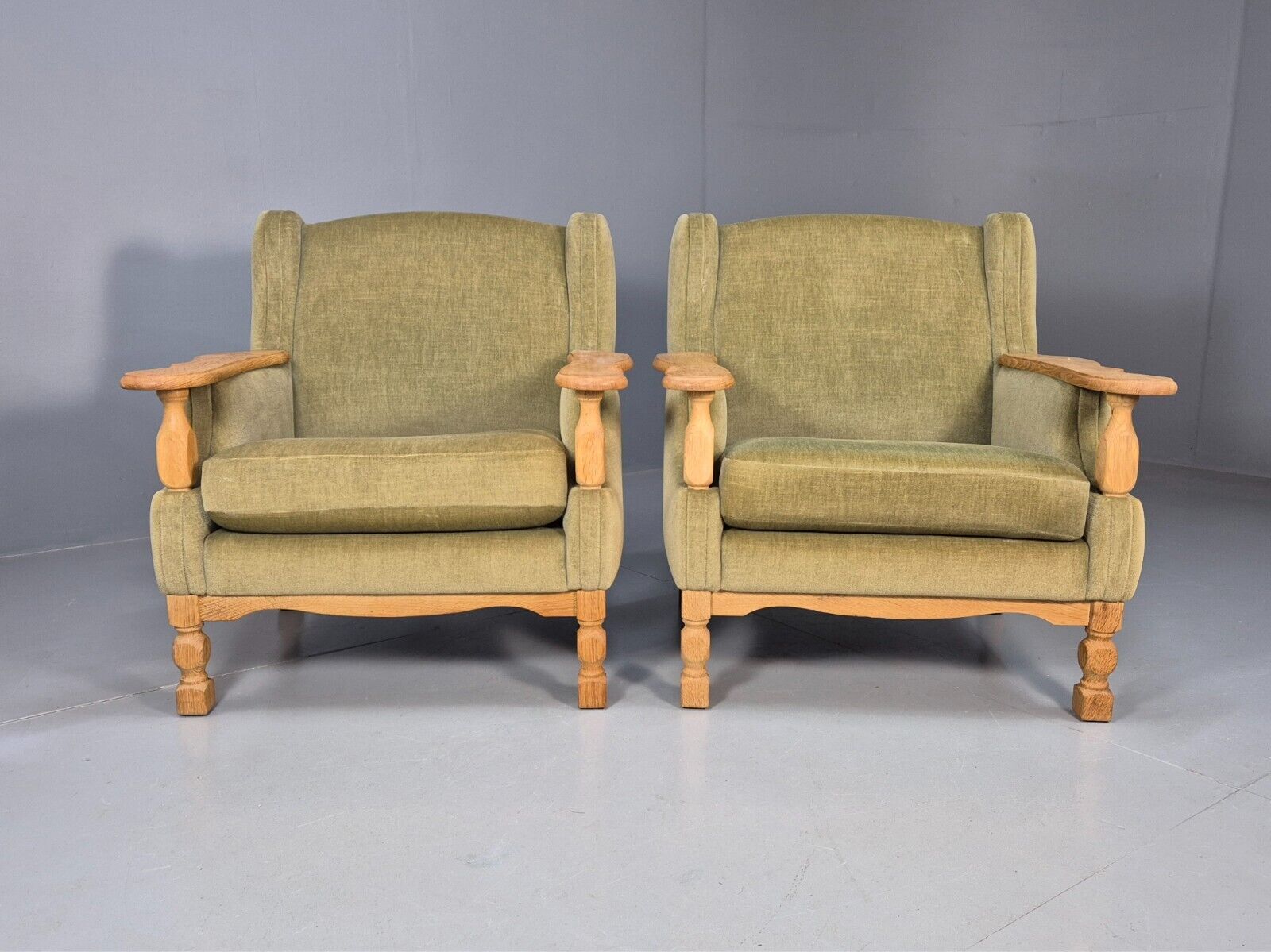 2 Vintage Danish Lounge Chairs Green Oak Frame Kjearnulf Retro 1970s EB8279 MNOR - UKDK FURNITURE