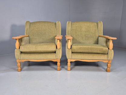 2 Vintage Danish Lounge Chairs Green Oak Frame Kjearnulf Retro 1970s EB8279 MNOR - UKDK FURNITURE