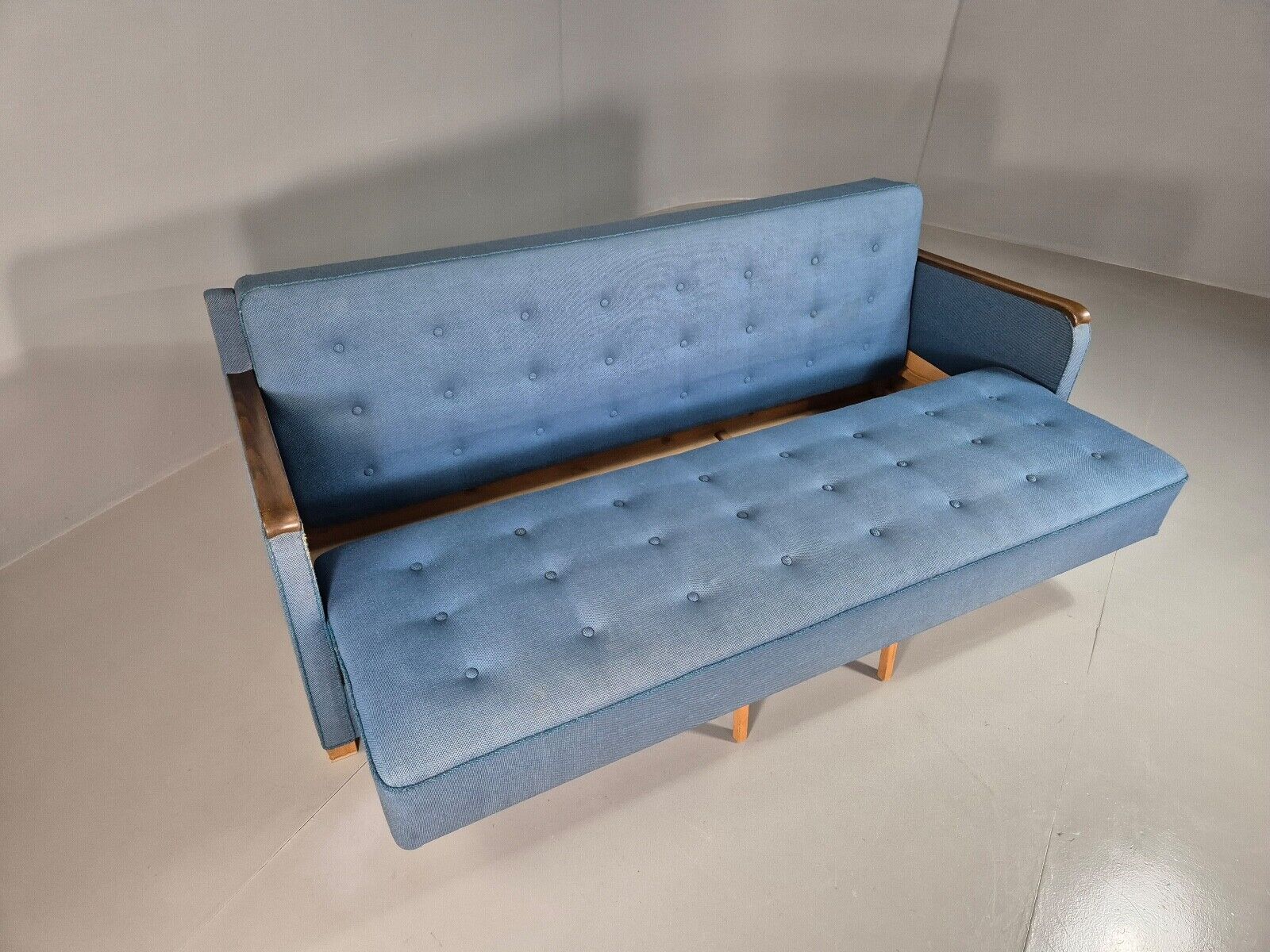 Vintage Danish Sofa Bed Blue Wool Teak Arms 1960s Retro MCM EB7259 M3SS - UKDK FURNITURE