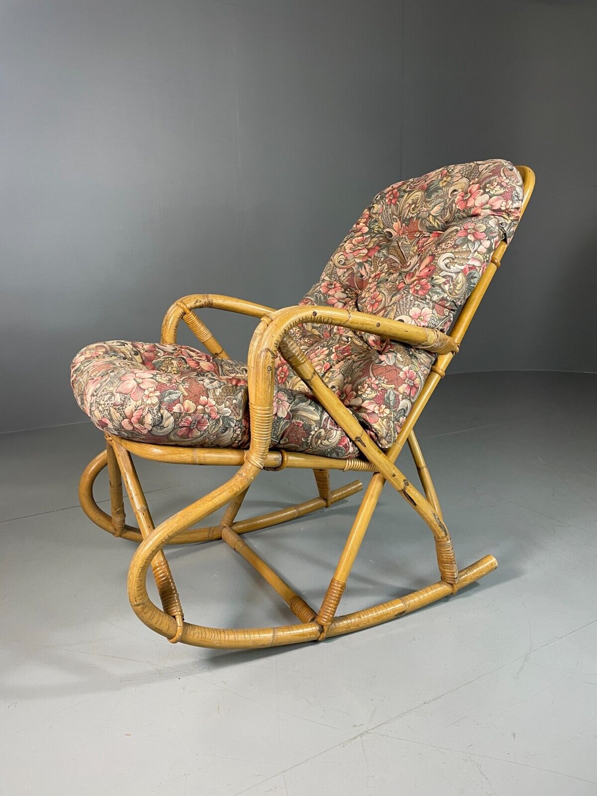 Vintage Cane Rocking Chair Floral 1970s Retro EB6413 VBER - UKDK FURNITURE