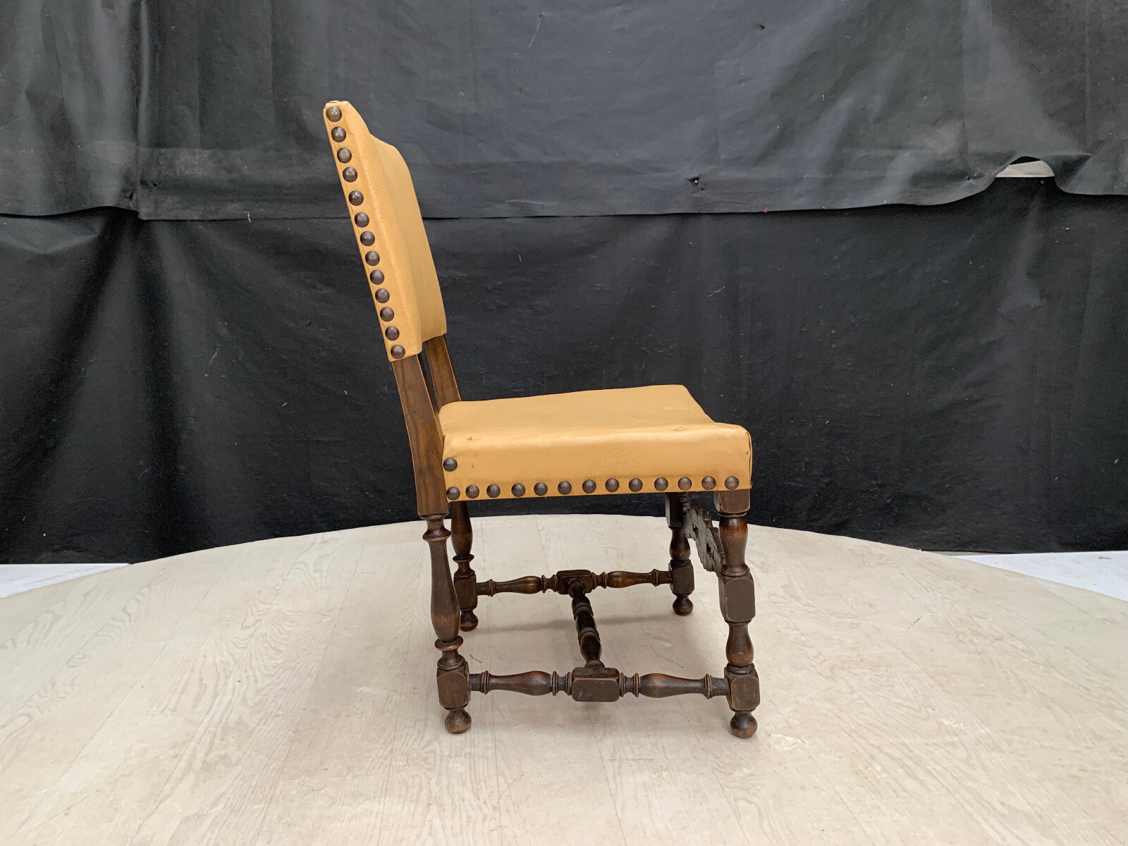 Danish Carved Dining Chair Studded Oak  with Tan Vinyl Vintage EB2915 VDIN1