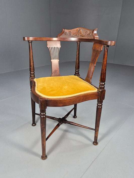 Vintage Corner Chair Yellow Velour Mahogany Georgian Style Edwardian EB9151 VCLO - UKDK FURNITURE