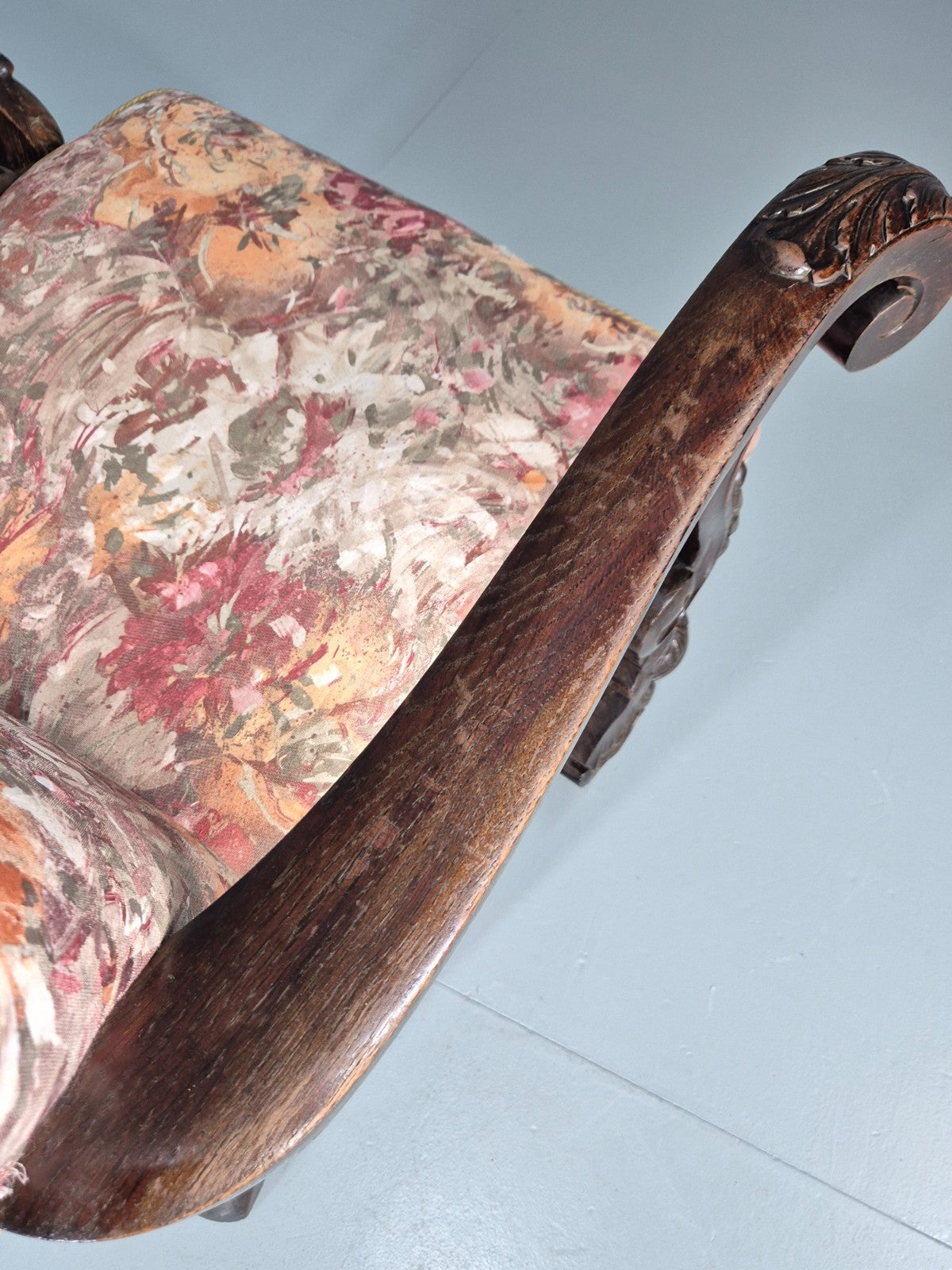 Vintage Carved Oak Chair Floral Fabric 1940s Traditional Curved EB10752 VCAR10