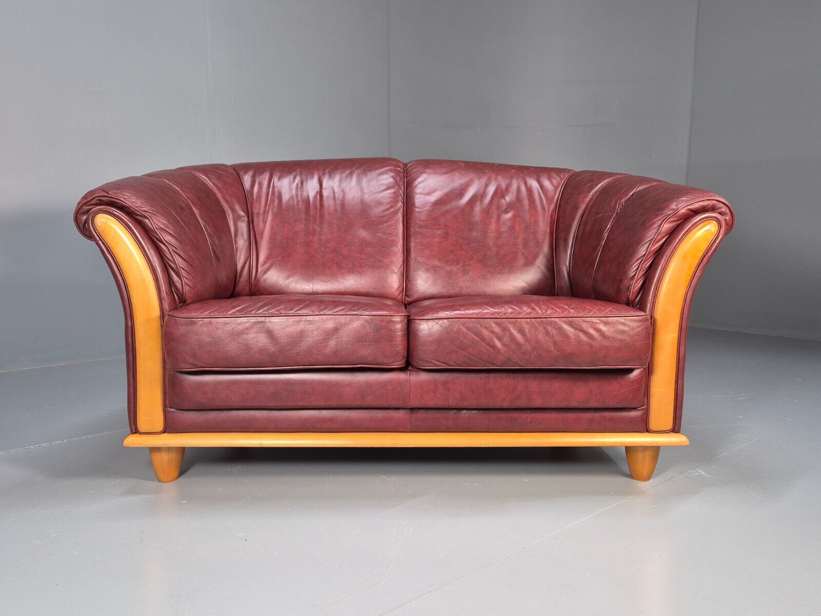Vintage Danish 2 Seat Sofa Red Leather Wood Trim 1990s Retro EB8567 M2SS - UKDK FURNITURE