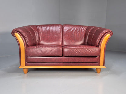 Vintage Danish 2 Seat Sofa Red Leather Wood Trim 1990s Retro EB8567 M2SS - UKDK FURNITURE
