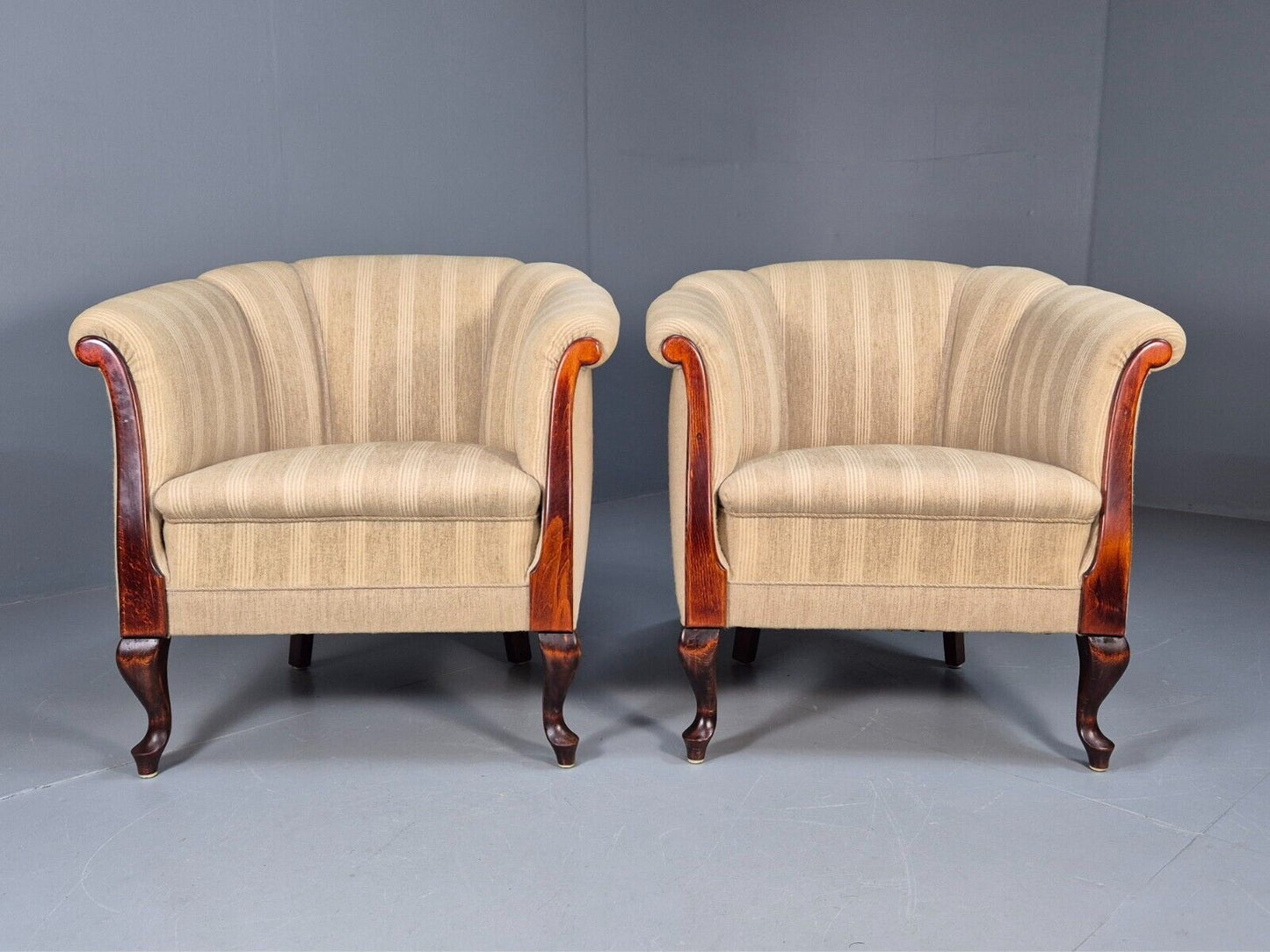 2Pair of Vintage Antique Danish Tub Chairs Beige Cream Stripes 1930s EB9049 VCLO - UKDK FURNITURE