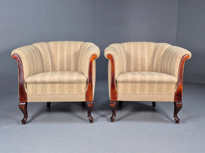 2Pair of Vintage Antique Danish Tub Chairs Beige Cream Stripes 1930s EB9049 VCLO - UKDK FURNITURE