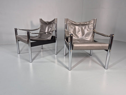 2 Vintage Leather and Chrome Lounge Chairs Safari by Borje Johanson EB11287 MNOR0