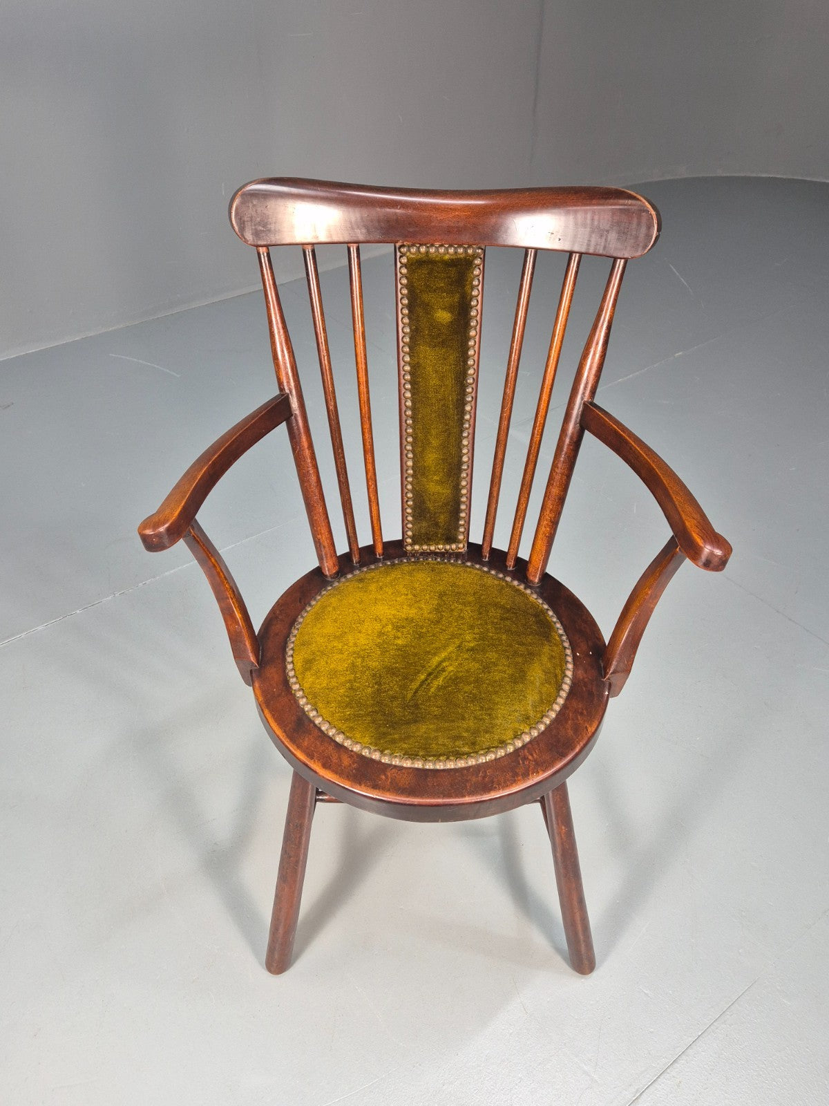 Edwardian Penny Seated Elbow Chair Mahogany Frame green Velour 1900 EB10612 VWOO15