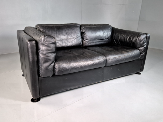 Vintage Danish 2 Seat Sofa Black Leather 1980s Retro MCM EB7162 M2SS - UKDK FURNITURE