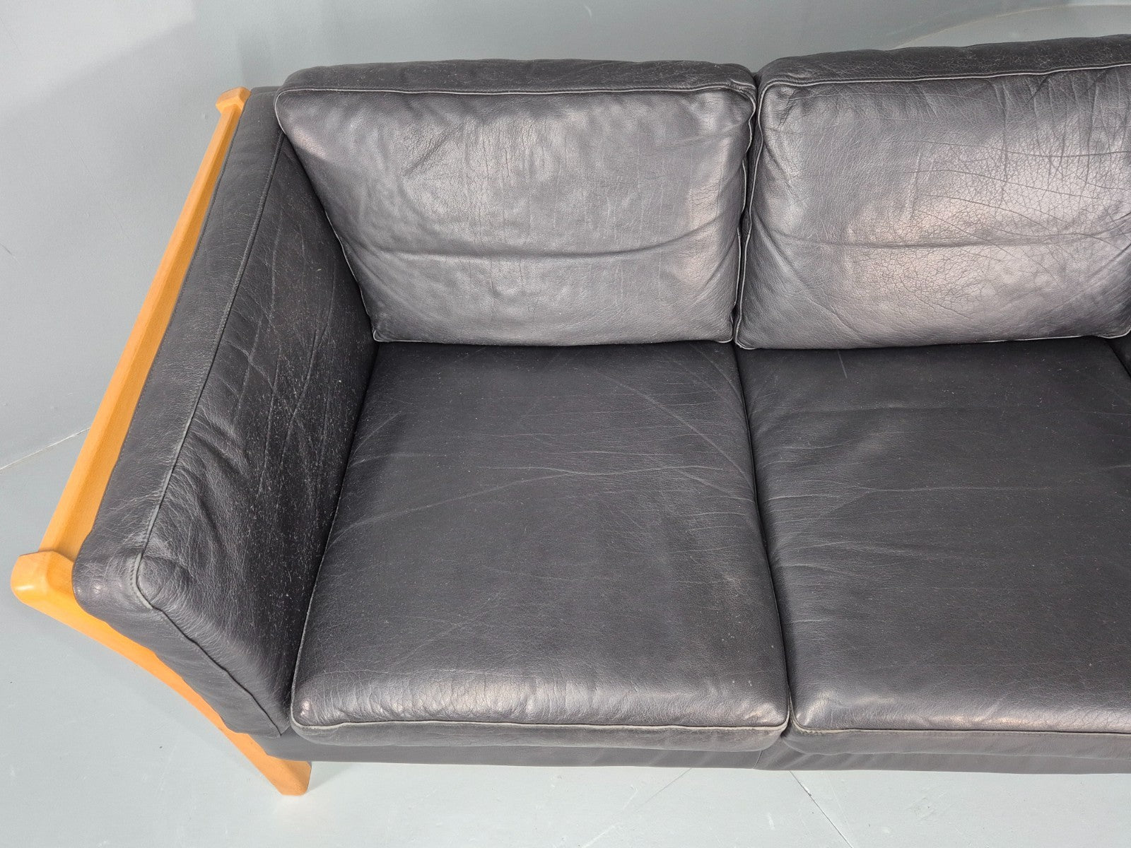 Vintage Stouby 3 Seat Sofa Danish Black Leather Beech End 1980s EB10556 M3SS5