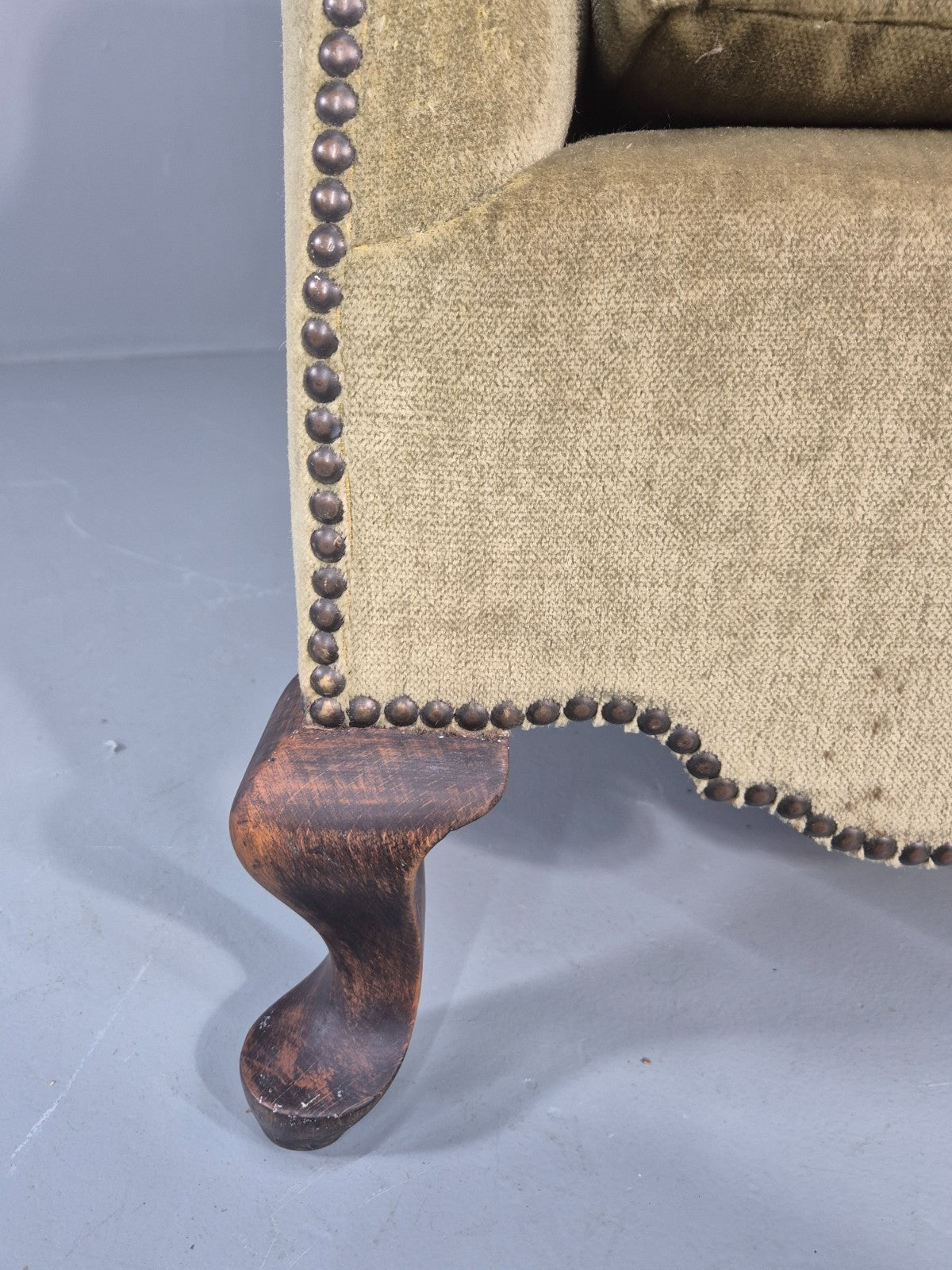 Danish Deco Lounge Chair 1930s Green Velour Stud Work Cabriole Leg EB11298 VCLO18