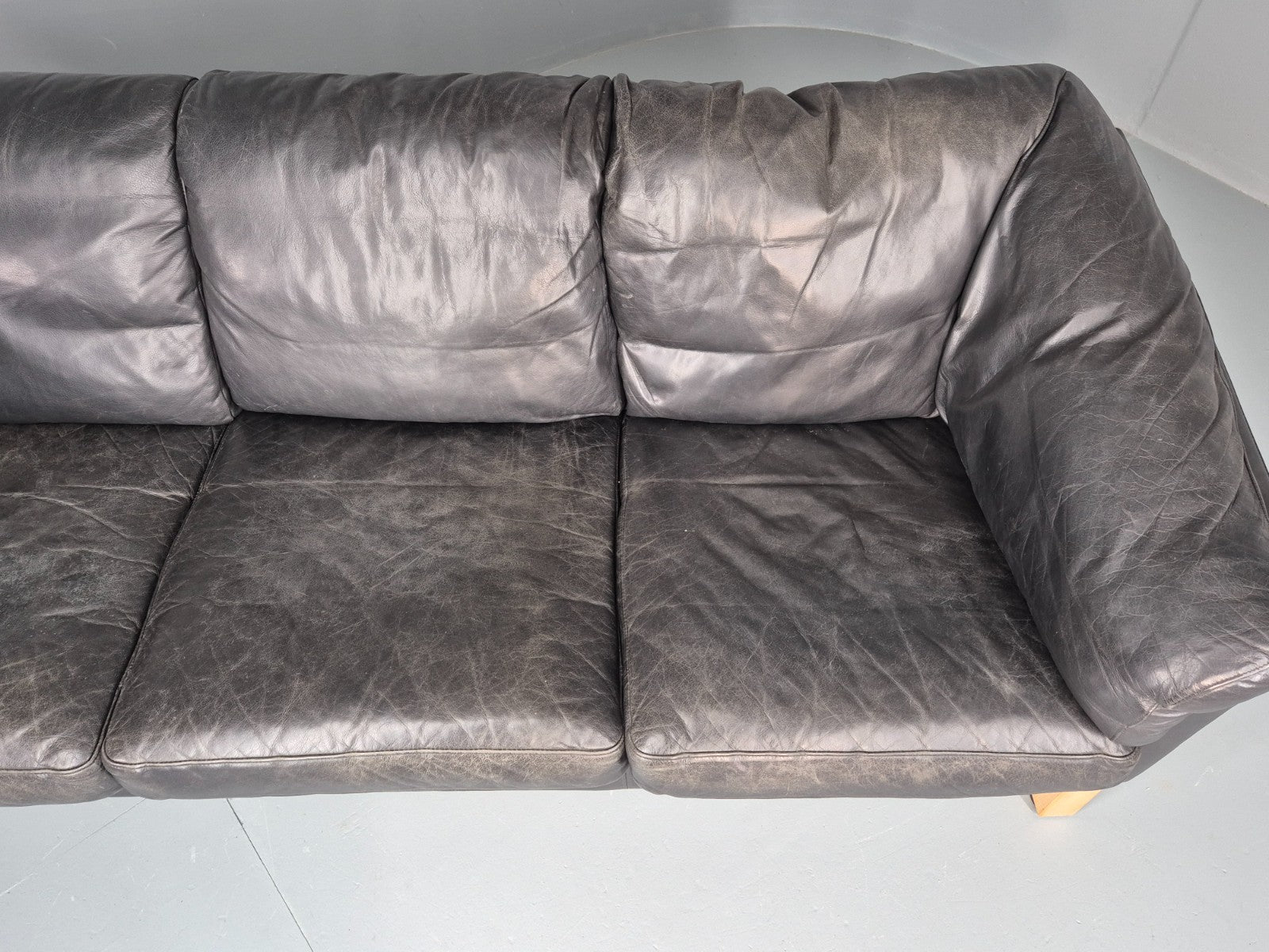 Vintage 3 Seat Sofa Danish Black Leather 1980s Retro EB8626 M3SS7
