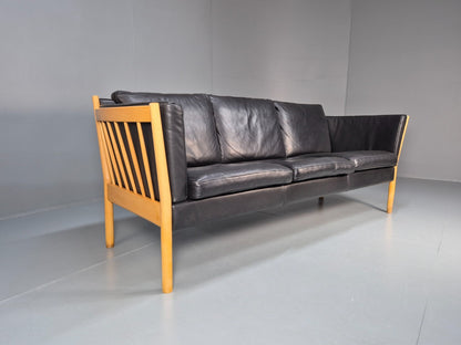 Mid Century Three Seater Sofa Beech Ends Black Leather 1980s Retro EB10399 M3SS2