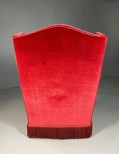 Vintage Danish Wingback Lounge Chair Red Velour Tassels 1940s Retro EB6450 VCLO - UKDK FURNITURE