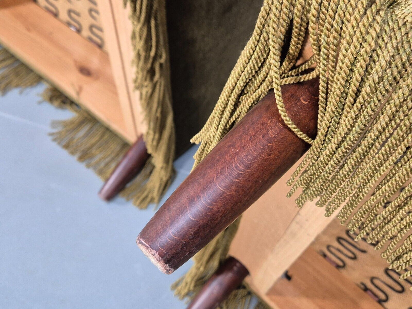 2 High and Low Back Danish Midcentury Chairs Green Velour Tassels EB8968 MNOR - UKDK FURNITURE