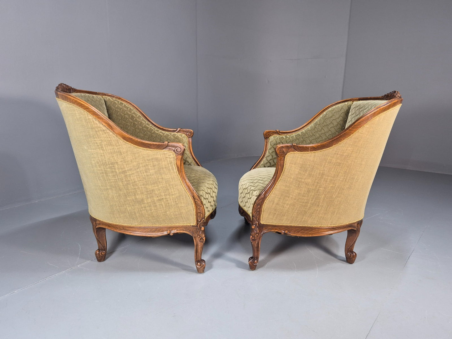 2 Antique Tub Chairs Oak Carved Frame Green Patterned Velvet 1920s EB10741 VCAR12