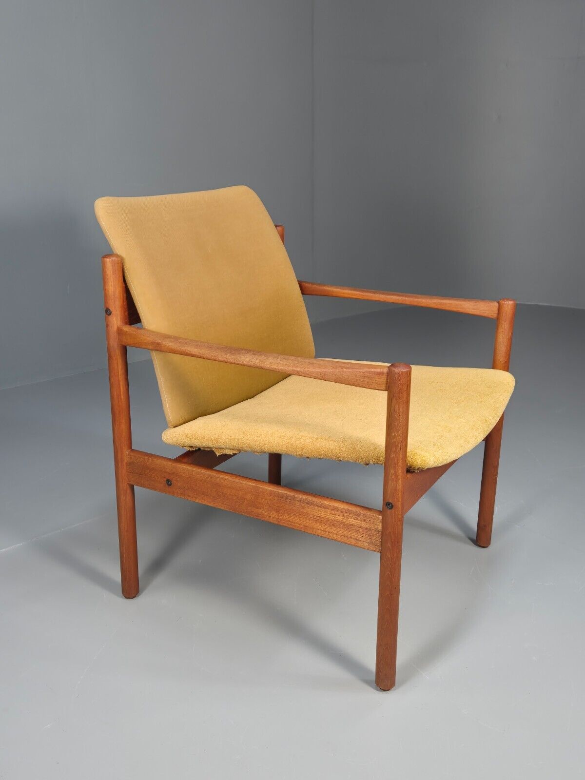 Vintage Danish Lounge Chair Yellow Cotton Teak 1960s Retro MCM EB8762 MNOR - UKDK FURNITURE