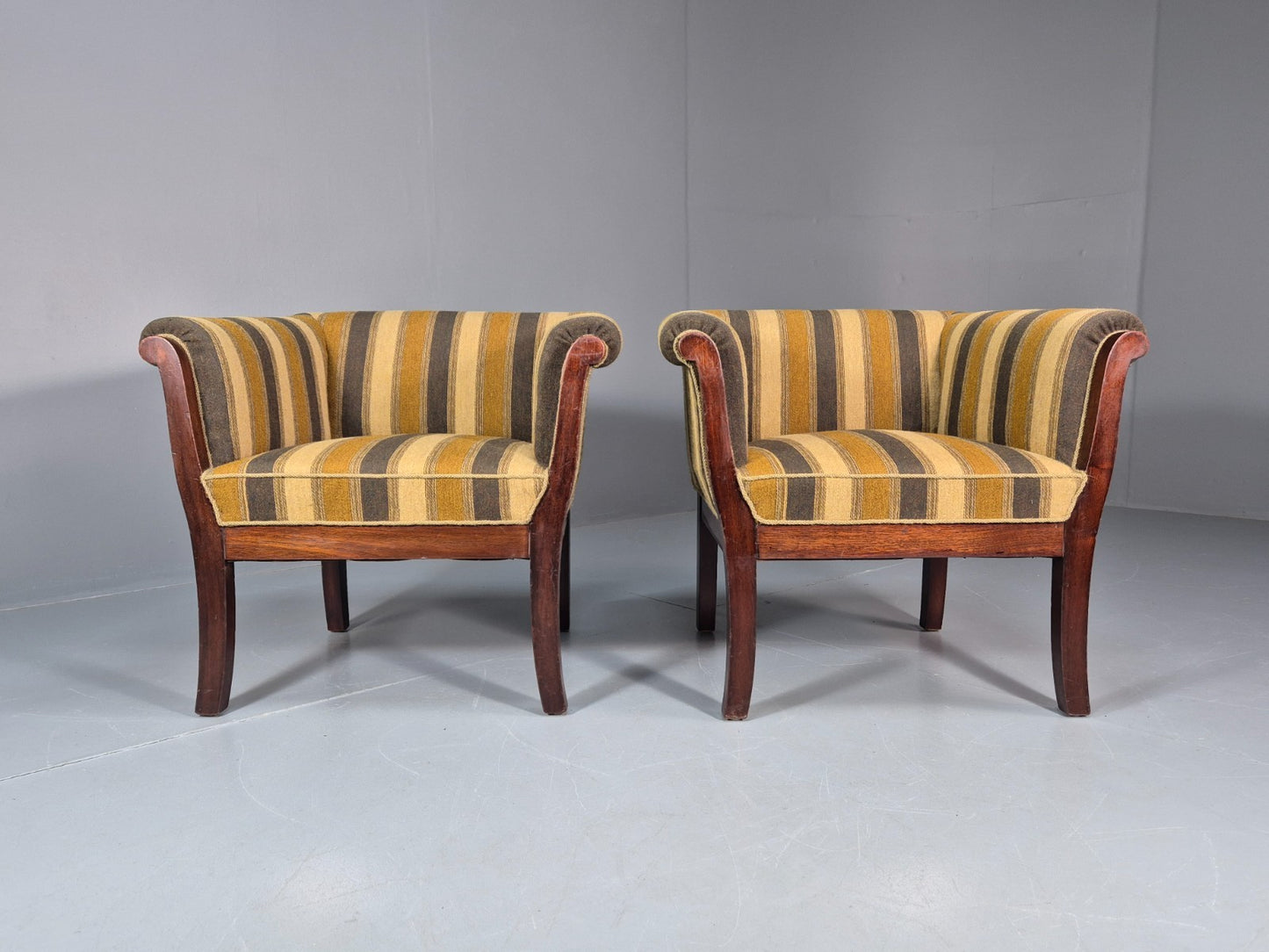 2 Art Deco Danish Lounge Chair Mahogany Frame 3 Green Stripe 1940s EB10748 VCLO3