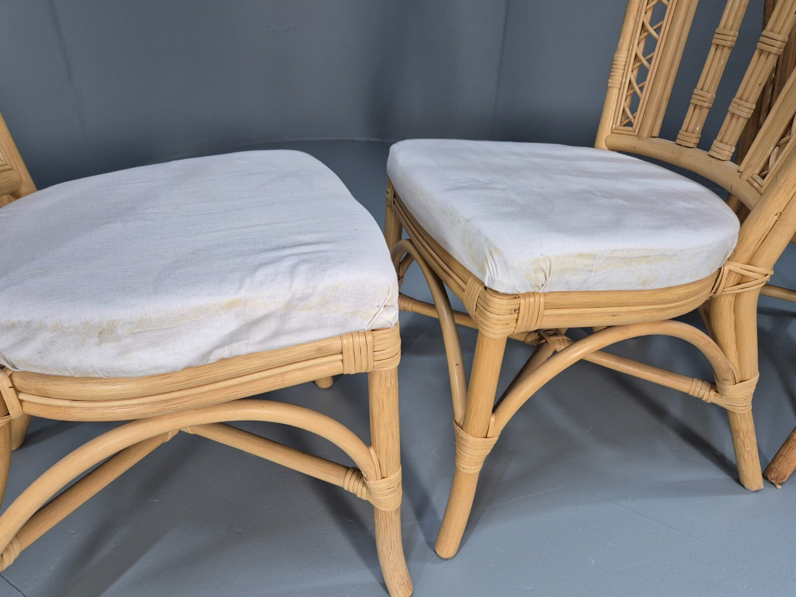 6 Vintage Cane Dining Chairs 1980s Retro 2 Carvers White Seat EB9704 VBER - UKDK FURNITURE