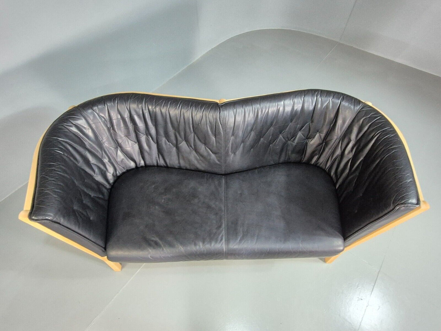 Vintage Danish 2 Seat Sofa Black Leather Beech Stouby Retro MCM EB7447 M2SS - UKDK FURNITURE
