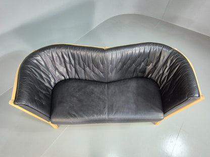 Vintage Danish 2 Seat Sofa Black Leather Beech Stouby Retro MCM EB7447 M2SS - UKDK FURNITURE