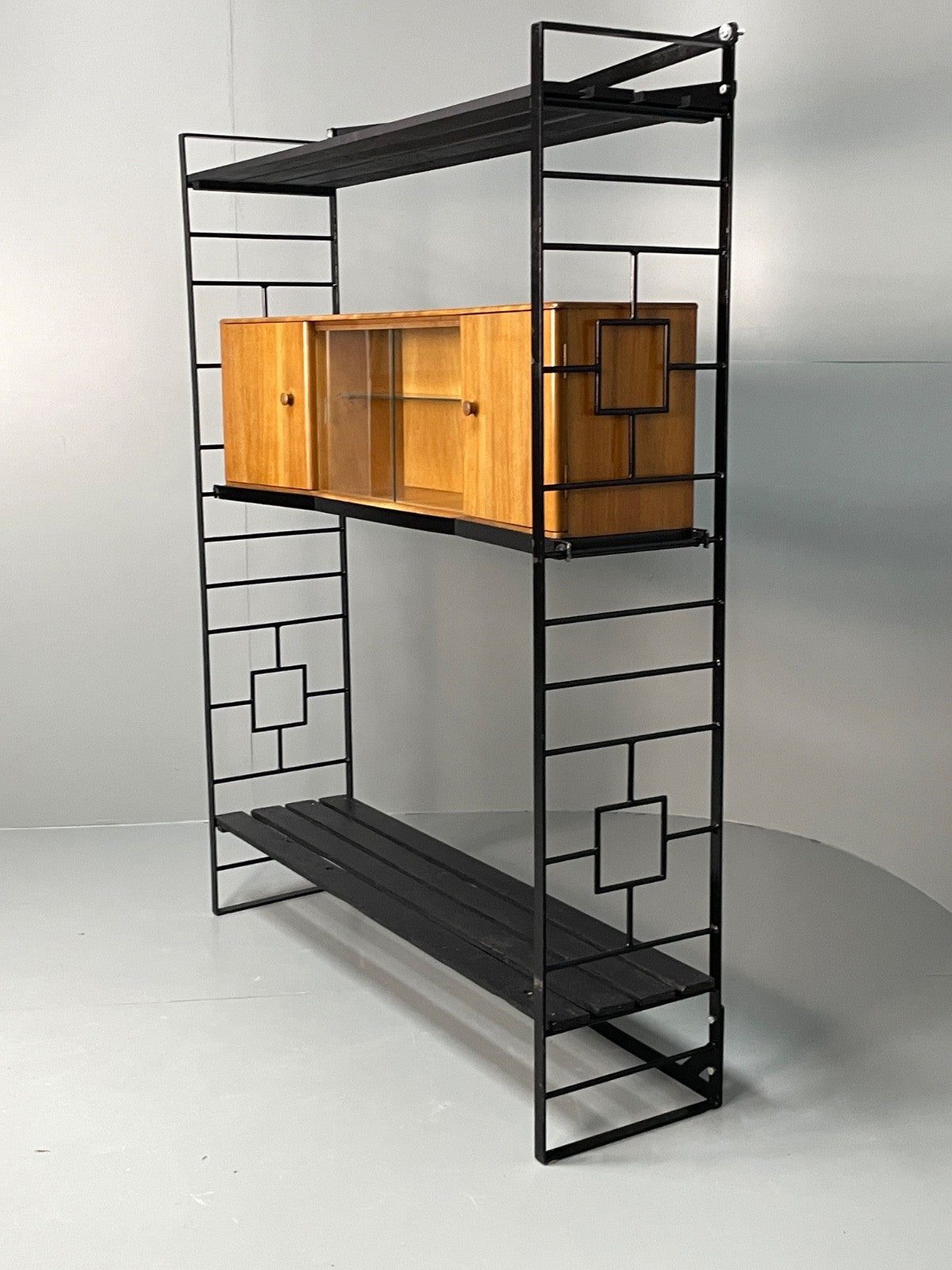 Vintage Modular Shelving Unit Walnut Cabinet Ladderax Style Black EB11043 MWOO8