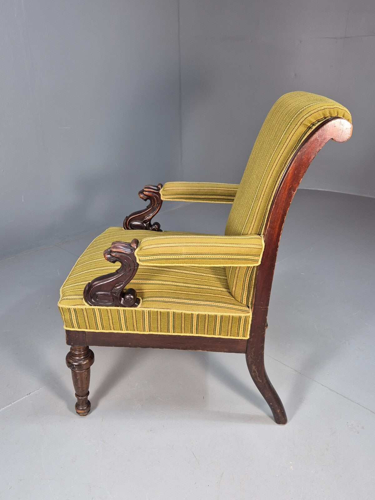 Antique Green Striped Armchair Carved Lion Figures Danish Mahogany EB9626 VCAR - UKDK FURNITURE