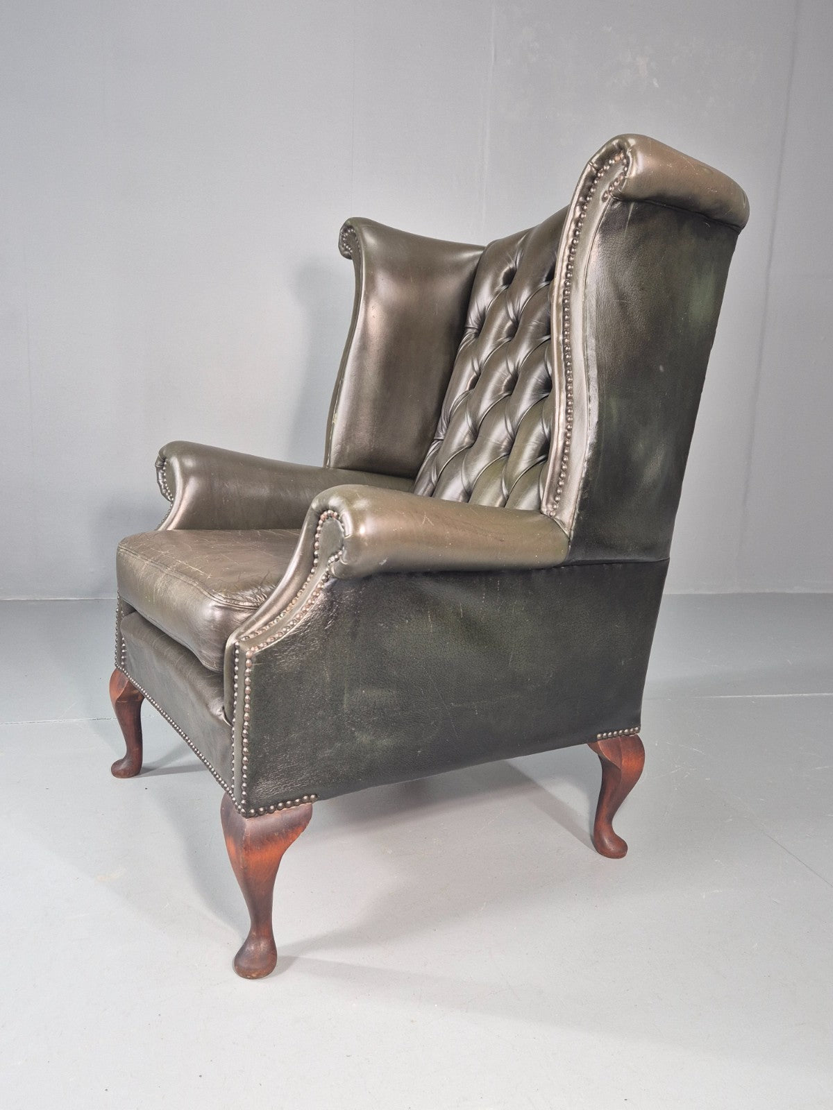 Vintage Wingback Leather Lounge Chair Queen Anne Style 1970s Retro EB11532 VLEA2