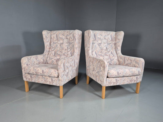 2 Vintage Danish Wing Back Lounge Chairs Cotton 1980s Fabric Retro EB8289 MNOR - UKDK FURNITURE